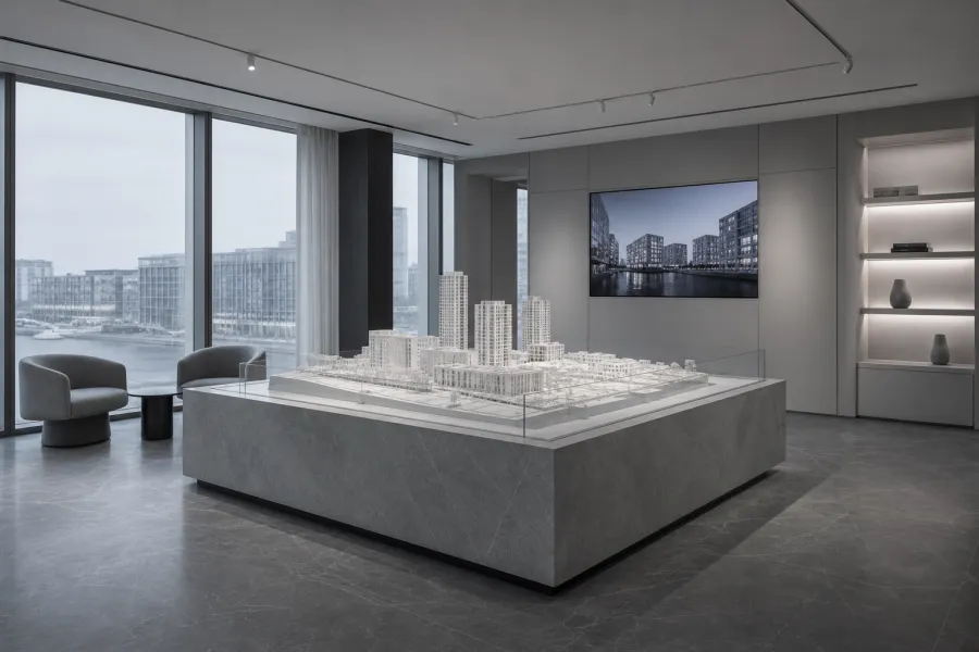 Sales and info centre — a showroom with a lit scale model on a plinth