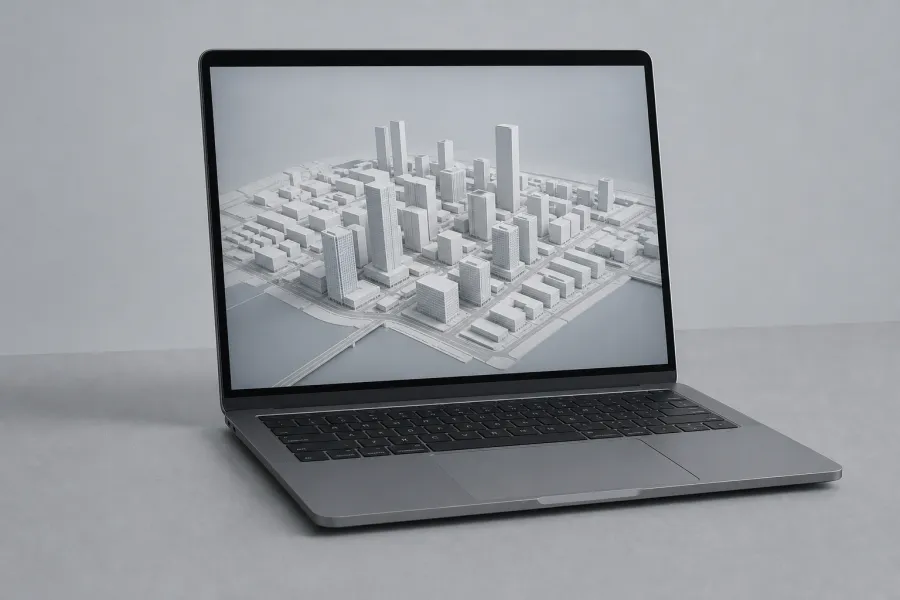 Laptop showing an interactive 3D model of a development online